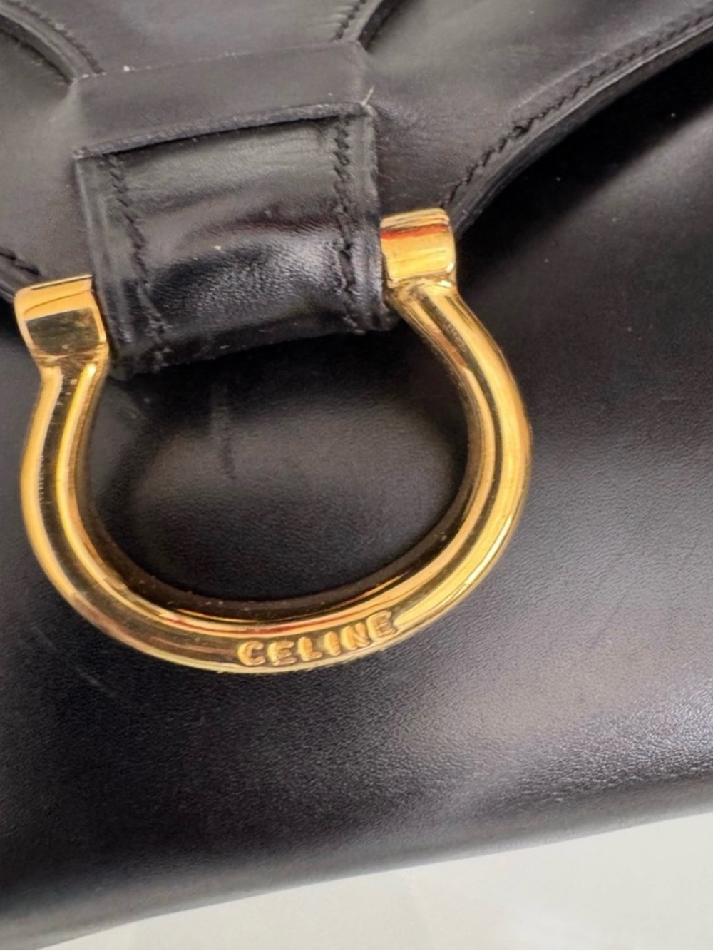 Vintage Celine Black Leather Crossbody Bag with Horse Bit Gold Ring Accent - Picture 3 of 6